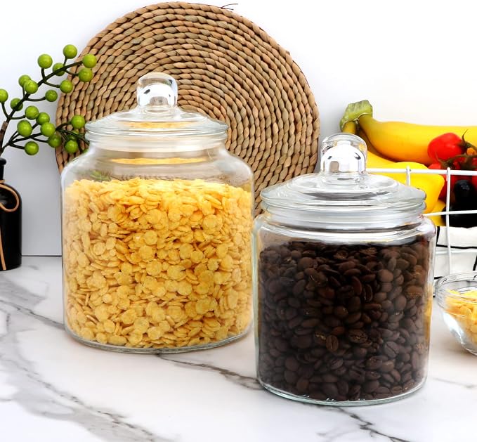 Salzesfalls Glass Storage Containers, Clear Glass Jar with Lids Set of 4 | 2 Pack 32oz and 2 Pack 64oz Cookie Jar & Candy Jar with Airtight Lid, Kitchen Canisters for Pantry, Flour, Coffee bean, Pasta