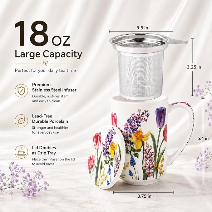 GBhome Tea Mug with Infuser and Lid,18 Ounce Ceramic Loose Leaf Cup Steeper | Lead-Free Glaze For Tea Lovers,Microwave & Dishwasher Safe with Tea Strainer