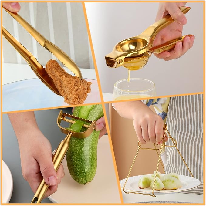 Gold Kitchen Accessories Set Tools Garlic Press Bottler Wine Opener Measuring Spoons Lemon Squeezer Vegetable Peeler Apple Cutter Kitchen Tongs Dish Holder Ice Tongs, Buyer Star, Dish Washer Safe…
