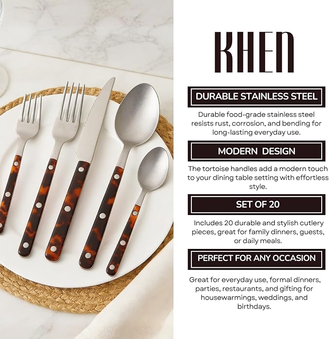 20-Piece Premium Cutlery ABS Handle, Stainless Steel Flatware Set Tortoise | Includes Forks, Knives, Spoons & Teaspoons, Complete Dining Set Perfect for Everyday Meals Dinner Parties & Special Occasions