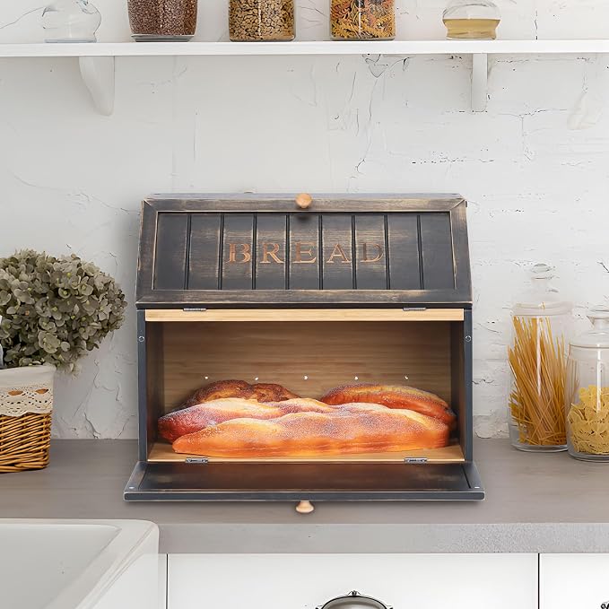 HOMEKOKO Vintage Double Layer Large Bread Box, Wood Bread Storage Bin,Black | Keeps Bread Fresh 3-4 Days, 2-Tier Capacity Fits 2+ Loaves,Suitable For Farmhouse/Rustic Kitchens Use, Retro Design
