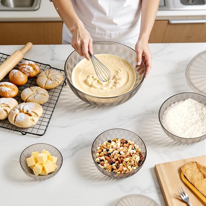 Plastic Mixing Bowls with Lids, 6 Piece Nesting Bowls Set for Kitchen | One-Press Lids, Meal Prep, Salad Mixing, Serving, Storing, Dishwasher & Microwave Safe, 5.3/3.2/1.9/1.2/ 0.6/0.3 QT