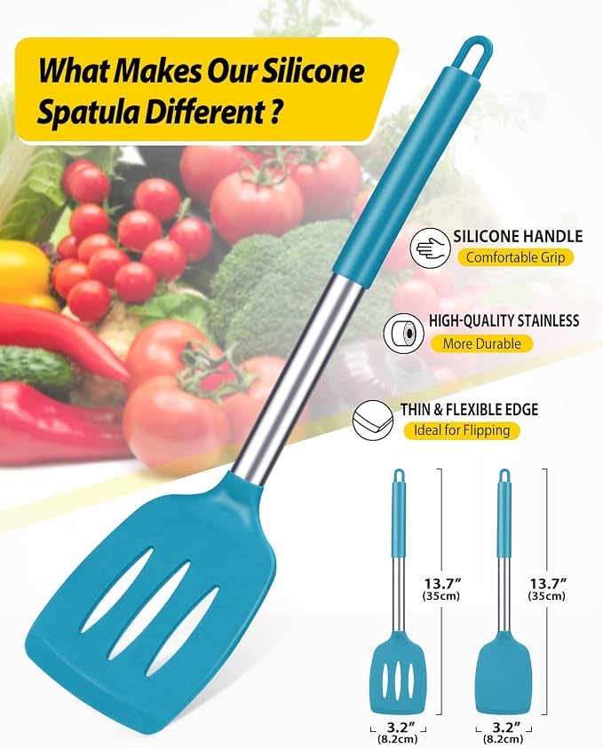 Pack of 2 Silicone Solid Turner, Non Stick Slotted Kitchen Spatulas, High Heat Resistant BPA Free Cooking Utensils, Ideal Cookware for Fish, Eggs, Pancakes(Blue)