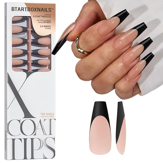 BTArtboxnails XCOATTIPS Black French Tip Press On Nails, XL Coffin, Peach | Lamp-Curable, 4-Week Wear, Natural Nail Look, Salon Quality Value at Home, Easy-to-Apply for Beginners, 160ct Nail Tips Only