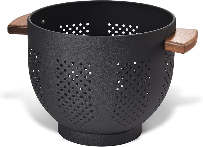 Metal Colander with Wood Handle and Stable Base, Powder Coated Steel Kitchen Strainer Basket for Draining Pasta, Vegetable and fruit(5.5quart,Matte Black)