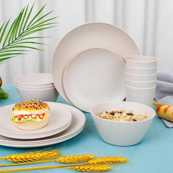32Pcs Reusable Cream Wheat Straw Dinnerware Plates and Bowls Sets | Unbreakable dishes set for 8 includes plates, bowls, cups, and napkins. Dishwasher safe for daily or outdoor use.