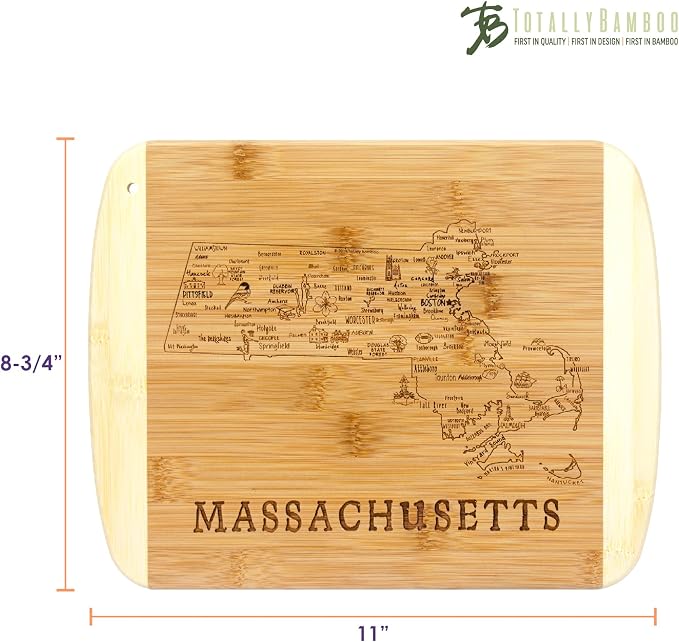 Totally Bamboo A Slice of Life Massachusetts Engraved Map Cutting Board | 11” x 8.75” charcuterie board with engraved state map artwork. Smooth reverse side for food prep. Hang tie for wall display.