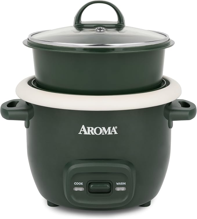 AROMA CoreCoat™ Mini Rice Cooker (3 Cups Cooked) with Nonstick Ceramic Pot Coating, Glass Lid, and Pop-Up Steamer Tray, 0.8 Quart