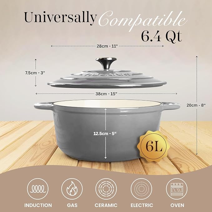 Nuovva Enamelled Cast Iron Dutch Oven Pot with Lid-6.4 Quart Non Stick Casserole Pot-Heavy Duty & Oven Safe up to 500° F for Bread Baking, Braising, Stews, Roasting - 28cm Grey