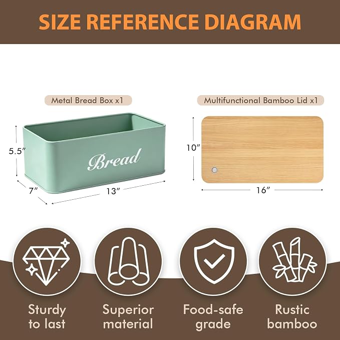 RYTOXILO Green Bread Box for Kitchen Countertop, Metal Breadbox with One-Way Degassing Valve Bamboo Lid, Bread Storage Boxes Container for Homemade Bread, Sourdough Food Cutting Board for Counter