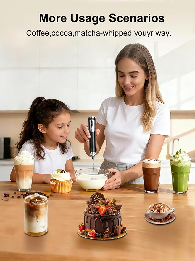 Rechargeable Milk Frother Handheld, IP67 Waterproof Coffee Frother with Digital Battery Display, 3-Speed Electric Milk Frother for Coffee, Latte, Cappuccino, Matcha, Protein Shakes & Eggs (White)