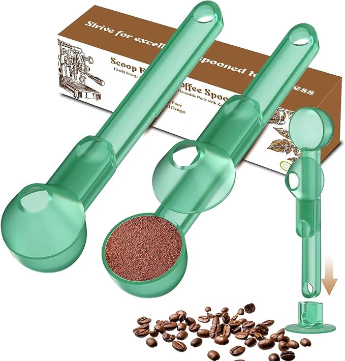 Coffee Scoop with Funnel for Ground Coffee, Protein Powder & Tea, for Reusable K Cup Refiller, 2TBSP Mess-Free, Funnel Design Prevents Spills (Translucent Green, 2-Pack)
