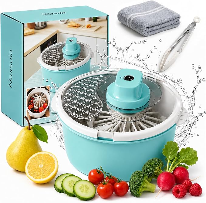 Electric Fruit Washer Spinner Bowl, Automatic Produce Cleaner Spinner | 360° Rotating Inner Basket Separates Water Quickly, Fruit and Vegetable Washer for Berries & Salad Greens Kitchen Preparation