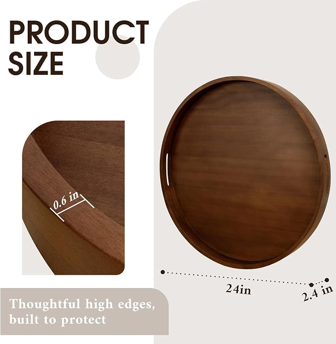 Extra Large Ottoman Tray, 24" Round Black Walnut Wood Serving Tray | Farmhouse Wooden Decorative Tray with Handles, Oversized Coffee Table Tray, Serving Platter Tray for Living Room, Countertop