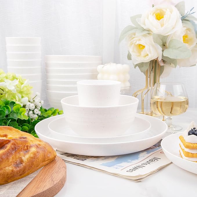 32pcs White Wheat Straw Dinnerware Set,Plates and Bowls Sets for 8 | Reusable Plastic Plates,White Plastic Dinnerware Set | Includes Disposable Plates bowls Cups for Camping,Picnic,Patio,Travel