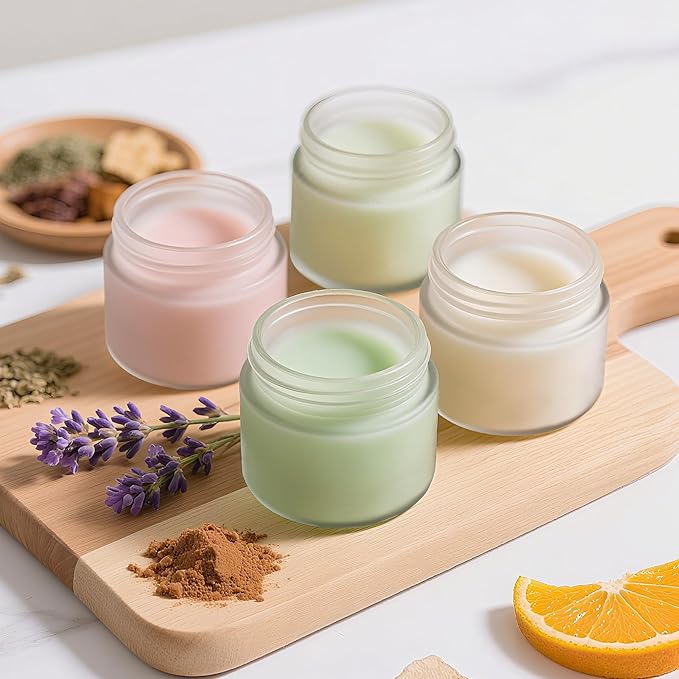 2oz Jars with Lids, Hoa Kinh 24 Pack Frosted Glass Jars with Woodgrain Lids | Empty Cosmetic Containers Round Airtight Glass Jar with Inner Liners and Lid for Storing Lotions, Powders, and Ointments