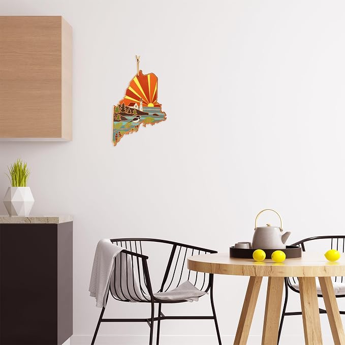 Totally Bamboo Maine State Shaped Cutting Board, Summer Stokes Art | State charcuterie board with colorful hand-drawn landscape art. Smooth reverse side for food prep. Hang tie for wall display.
