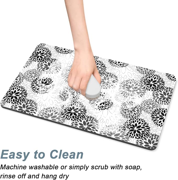 Rnivvi Coffee Mat, 12" x 19" Cute Coffee Bar Mats for Espresso Machine Station Accessories and Organizer, Hide Stain Rubber Backed Absorbent Dish Drying Pad for Kitchen Counter, Cartoon Flowers