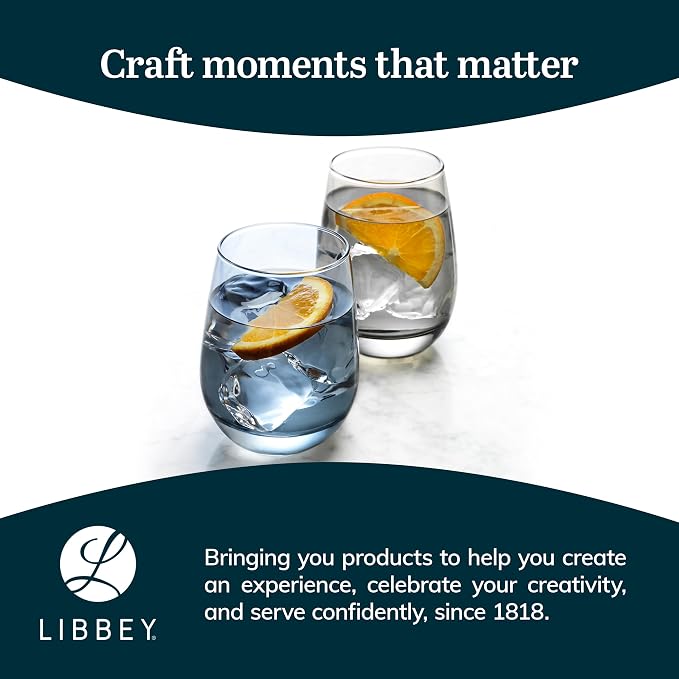 Libbey Classic Blue All-Purpose Stemless Wine Glasses Set 6, Timeless Wine Cups Set of 6, 15.25 Oz, Wine Glass Set for Dinners, Weeknights
