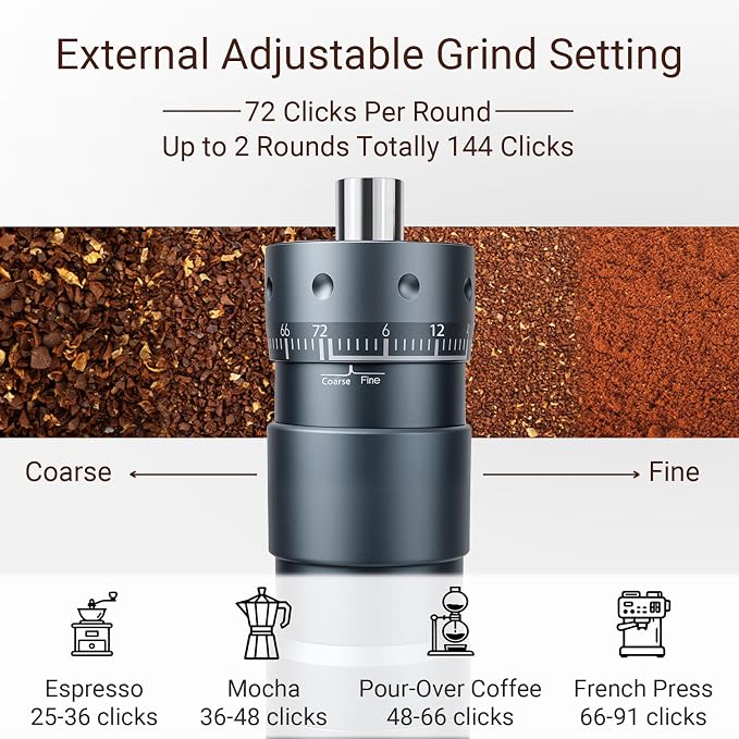 Manual Coffee Grinder Portable Hand Crank Coffee Mill for Home & Travel | Foldable Handle,Stainless Steel Conical Burr,for Espresso French Press Pour Over Drip, External Adjustable Setting,Grey