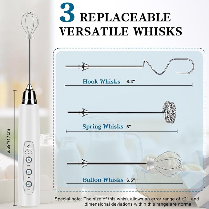 Milk Frother Wand Rechargeable Handheld Whisk Coffee 3 Speed Adjustable | Electric Whisk Drink Mixer with Stainless 3 Whisks Hand Frother , Foam Maker for Latte Cappuccino Matcha Egg Silver