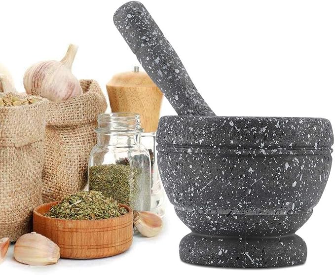 Mortar and Pestle Set, Grinding Bowl (Granite Pattern) | Manual Grinder for Crushing Sauce, Paste, Guacamole, Salsa, Pesto Making, Pill Crusher