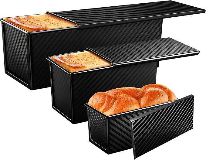 3 Pack Pullman Loaf Pans, Bread Pans with Lids, Black | Non-stick Carbon Steel Bread Pans for Homemade Sandwich and Baking Sourdough Bread, Corrugated Toast Mold