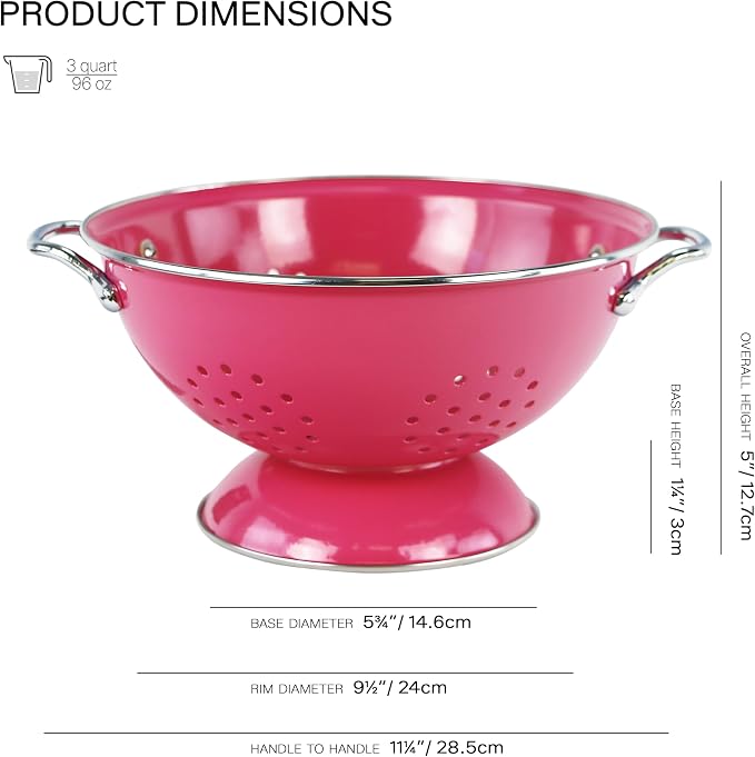 Reston Lloyd, 3 Quart Powder Coated Steel Kitchen Strainer Basket for draining Pasta, Vegetable and Fruit, Chrome Handles and Wide Stable Base, Magenta