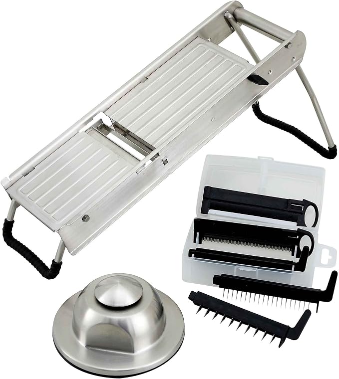 Winco winware Stainless Steel Mandoline Slicer Set with Hand Guard | Safety barrier, Great for Food Preparation, Portioning, Prep Stations and Foodservice