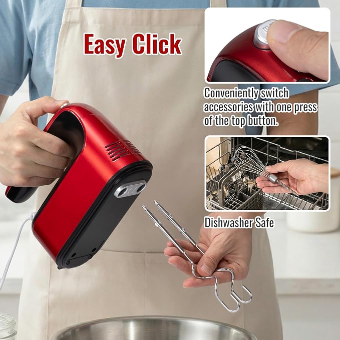 CBQ Hand Mixer Electric, 9 Speed 400W Handheld Mixer with Digital, Touch Button, Turbo, Snop-On Storage Case, 5 Stainless Steel Accessories, Hand Mixer Electric Handheld for Cake, Cookie, Egg (Red)