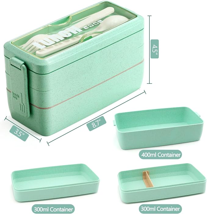 35Pcs Japanese Bento Box for Adults&Kids Lunch Box Kit Leakproof Wheat Straw Eco-Friendly 3 Compartment Stackable Lunch Box with Containers for Teen Prepy Boy (Green)