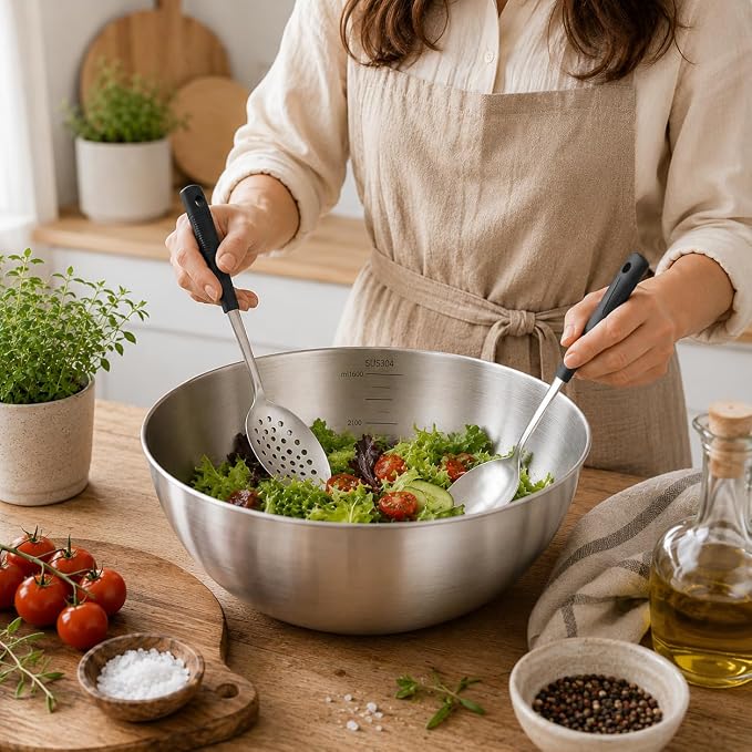 Serving Spoons Set, Large Serving Spoons with Silicone Handles | Stainless Steel Serving Spoon, Slotted Spoon & Soup Ladle Set for Buffet and Home Kitchen