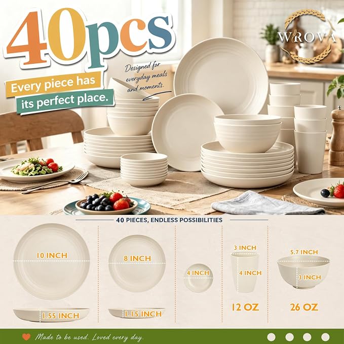 Unbreakable Plates Bowls and Cups Set, Wheat Straw Dinnerware Sets | 40PCS Dish Set, Bowls/Cups/Sauce Dishes/Deep Plate Sets for 8, Dishwasher Safe Daily Living Dinnerware for Dinner,Patio,Beige