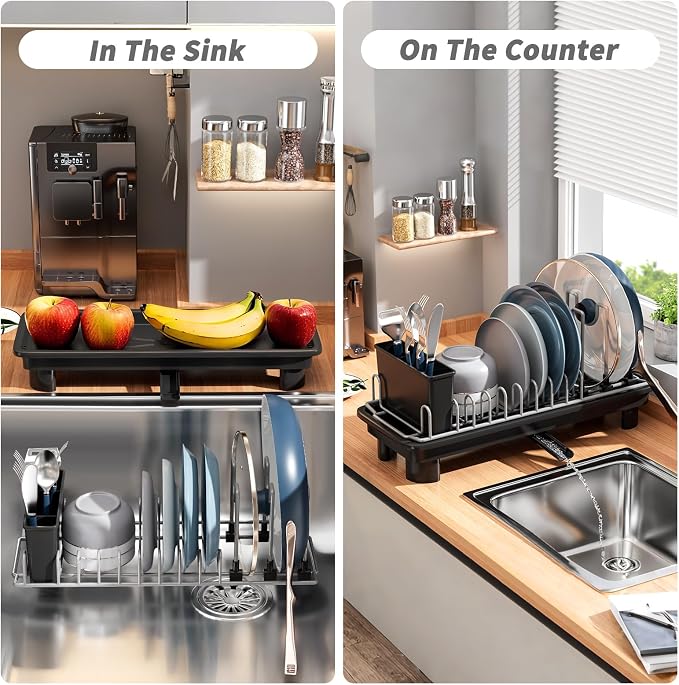 Small Dish Drying Rack, Stainless Steel with Drain Board & Utensil Holder | Anti-Scratch Base, Space Saving Design for Kitchen Counter, Black
