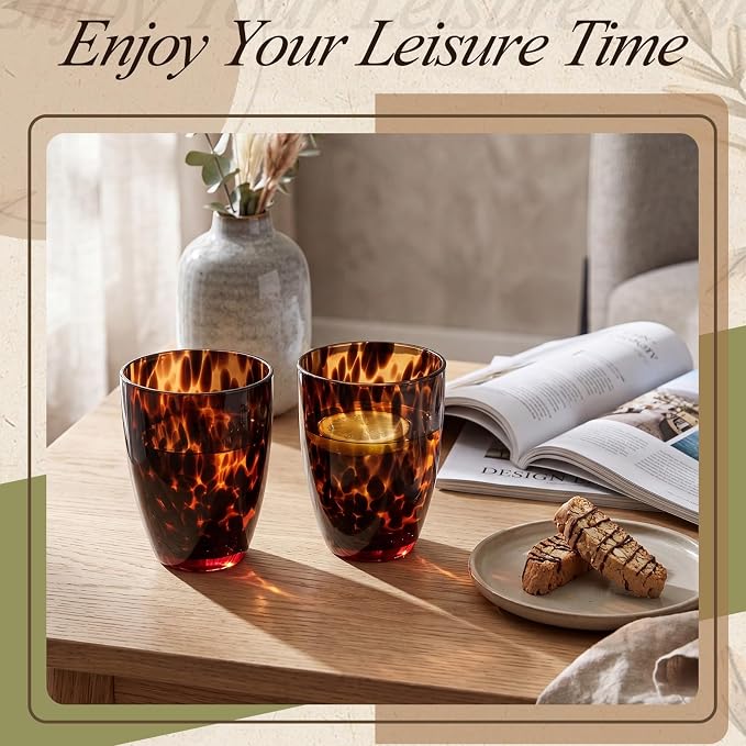 SiliFine Set of 2 Tortoise Shell Leopard Print Stemless Wine Glasses, 12oz Tapered Hand Blown Glass Tumblers, Brown Glassware, Ideal for Wine, Whiskey, Gin, Tequila, Party Gifts