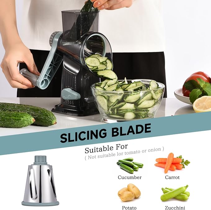 Rotary Cheese Grater with Handle Kitchen Shredder Slicer Grater Slicer Ice Shaver Cheese Vegetable Nuts Potato Zucchini Chocolate 3 Interchangeable Blades (GreyBlue)
