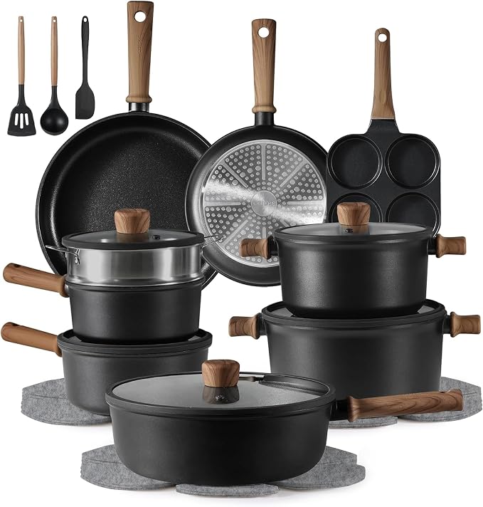 CAROTE 24pcs Nonstick Cookware Sets, Pots and Pans Set | Titanium Infused, Ultra Durable, Fast & Even Heating, Easy Clean, All-Stovetop Compatible, with 7-Qt Stockpot & Egg Pan