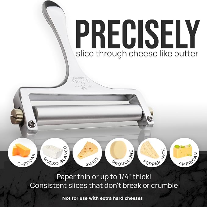 Zulay Kitchen Stainless Steel Wire Cheese Slicer - Adjustable Hand Held Cheese Cutter with 2 Extra Wires - Premium Cheese Knife for Mozzarella, Cheddar, Gruyere - Cheese Cutter with Wire (Silver)