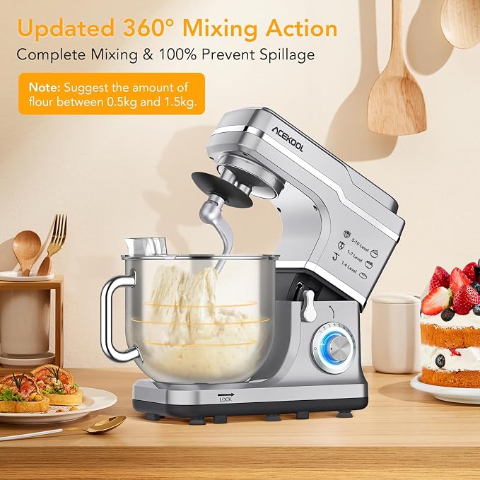 7.5 Qt Stand Food Mixer for Home Cooks, 660W Tilt-Head Electric Kitchen Mixer with 10 Speeds, Stainless Steel Bowl & Attachments for Baking and Dough Hook, Whisk, Beater, Splash Guard, Silver