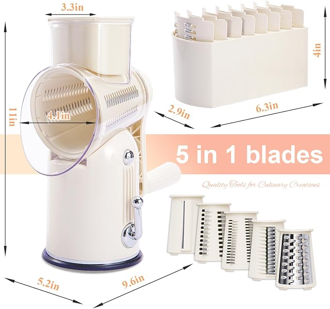 ENERGEVITY Hand Crank Rotary Cheese Grater, 5-in-1 Vegetable Slicer (White) | Easy to clean.Strong suction base.Internal barrel keeps hands away from blades.BPA-free food-grade ABS plastic.