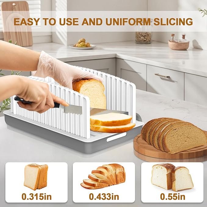 Kiss Core Adjustable Width and Thickness Bread Slicer for Homemade Bread | Bread Slicer Guide Foldable and Compact Cutting Guide with Crumb Tray Suitability for Homemade Bread Bagels Cakes