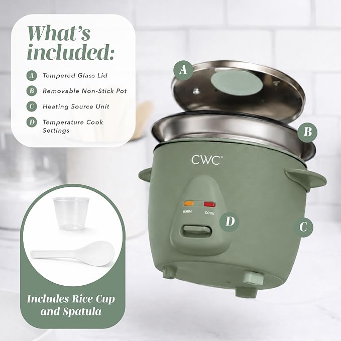 COOK WITH COLOR 6 Cup Rice Cooker 300W - Effortless Cooking and Perfectly, Cooks 3 Cups of Raw Rice for 6 Cups of Cooked Rice, Green