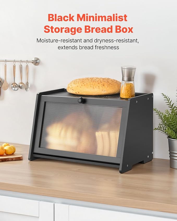 VEVOR Bread Box for Kitchen Counter, Large Capacity Bamboo Bread Storage Container, Farmhouse Wooden Breadbox Organizer for Homemade Bread, Storage Holder Bin with Acrylic Wavy Door Panel, Black