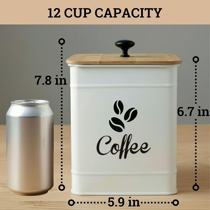Airtight Coffee Canister 40 oz, 6"x 8" Metal Jar w/ Rubber-Lined Bamboo Lid | 40oz Large Iron, Airtight Coffee Container, Bamboo Lid, Stylish Countertop Container for Coffee Grounds, Beans, Pods & More