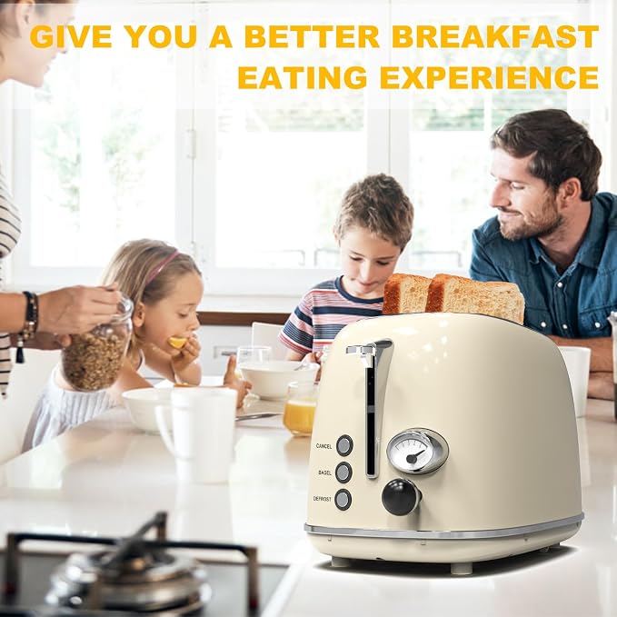 Toaster 2 slice, KitchMix Retro Stainless Steel Toaster with 6 Settings, 1.5 In Extra Wide Slots, Bagel/Defrost/Cancel Function, Removable Crumb Tray (Cream)