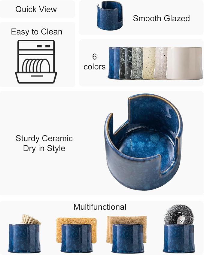Zoeeker Kitchen Sponge Holder, Ceramic Sponge Organizer Scrubby Holder | Cute Sink Caddy Dish Brush Rack Kitchen Storage Accessories Sink Caddy for Bathroom Countertop, Farmhouse Kitchen Decor, Blue
