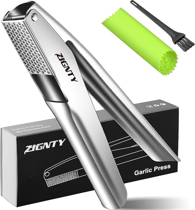 Professional Garlic Press Stainless Steel,Garlic Mincer Large Trough | No Need to Peel, Efficient Garlic Crusher & Ginger Presser, Ergonomic Labor-saving Handle, Easy Squeeze, Dishwasher Safe