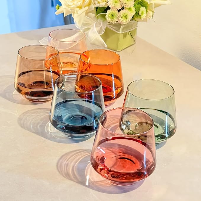 Stemless Wine Glasses Set 6【Colored Wine Glasses Stemless】 Multi Color Short Tumbler【14oz】 Colored Glassware for Wine or Soft Drinks,Unique Wine Gifts for Women Birthday Wedding