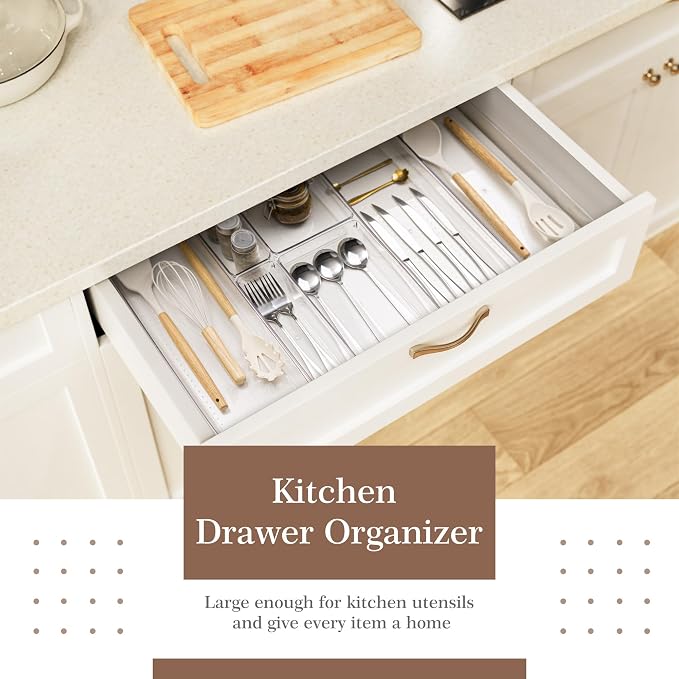 11 PCS Clear Plastic Drawer Organizer Set - 5 Large Size Versatile Kitchen and Bathroom Organizer Trays, Non-Slip Storage Bins for Makeup, Utensils, Tool and Office Desk