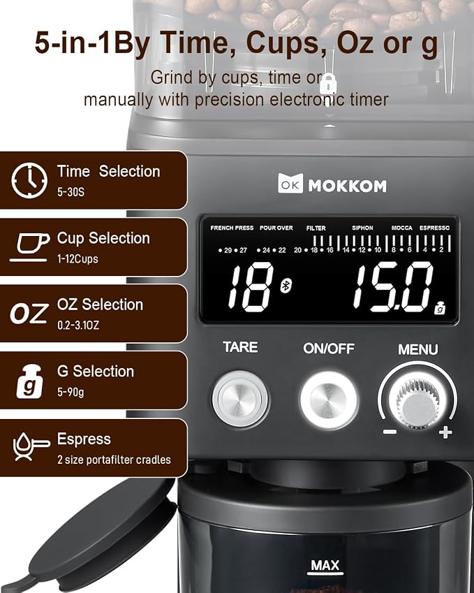 MOKKOM Coffee Grinder Electric with Scale, Conical Burr Coffee Grinder for Espresso, 31 Grind Settings, Anti-Static Coffee Bean Grinder, Grind by Weight for Espresso, Pour Over & French Press, Black